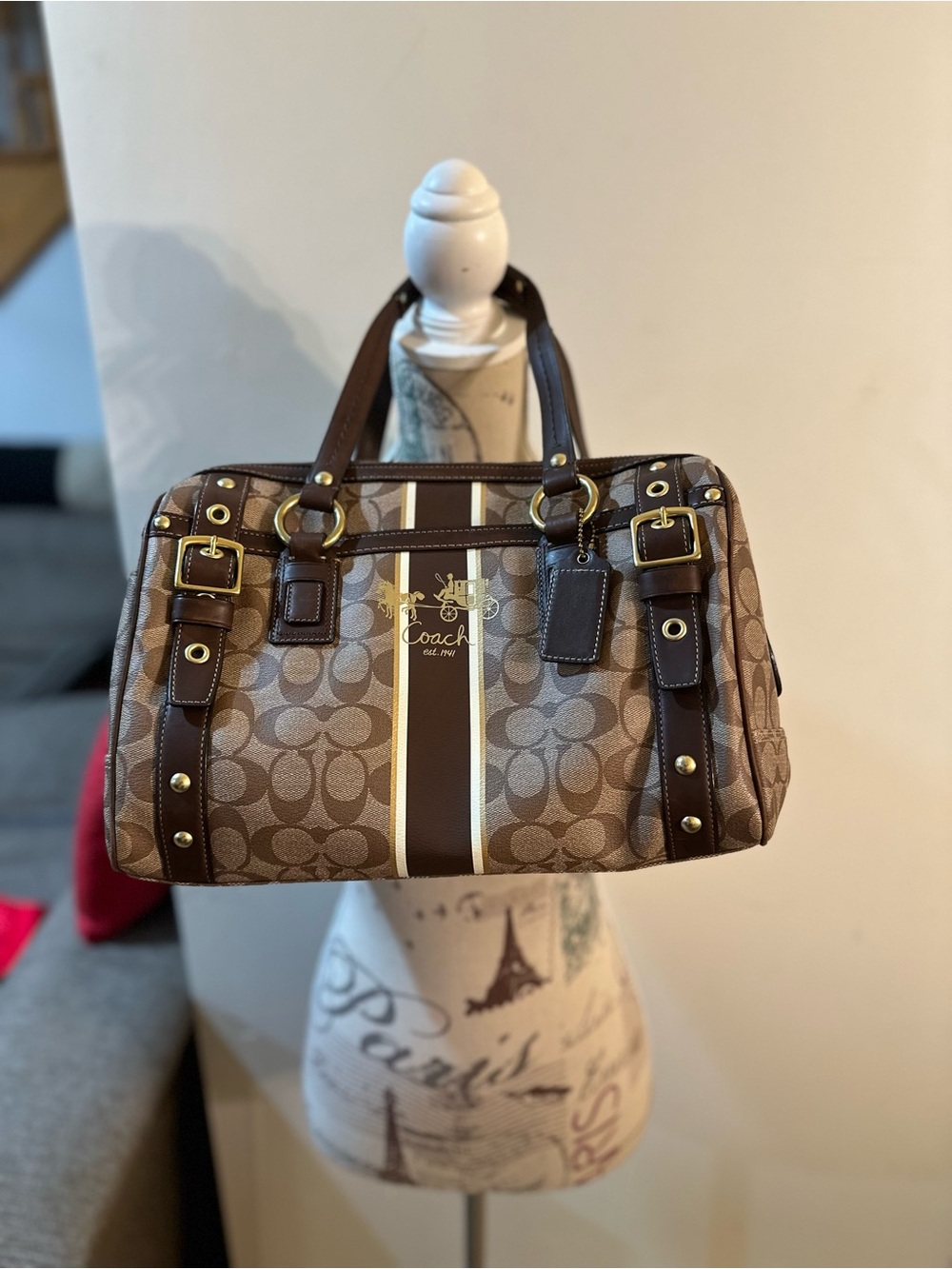 Coach Brown Signature Stripe Weekender with Gold Hardware